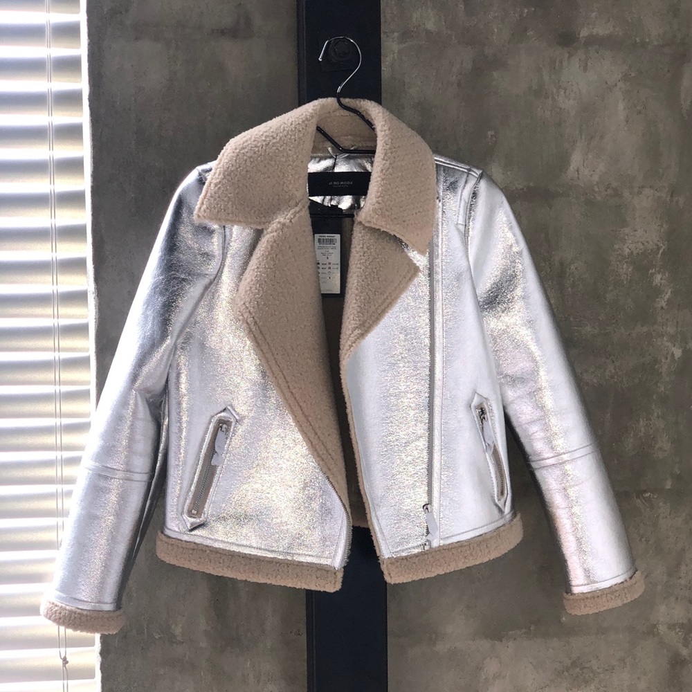 METALLIC VERO MODA FAUX SHEARLING COAT SILVER MOTORCYCLE JACKET